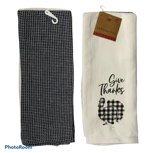 Harvest Collection Other - Thanksgiving Turkey Kitchen Towels Give Thanks Buffalo Check Black White 2 PC